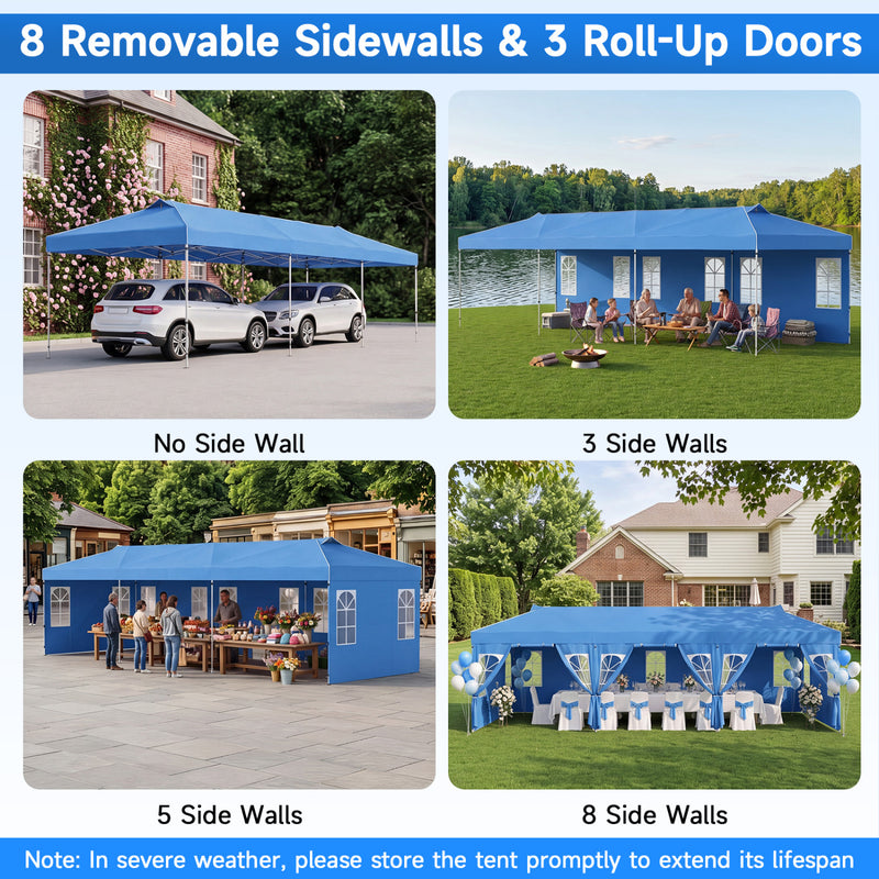 Costway - 10 x 30 FT Pop Up Canopy Tent with 8 Sidewalls and Adjustable Height-Blue