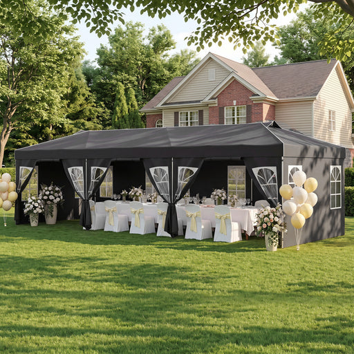 Costway - 10 x 30 FT Pop Up Canopy Tent with 8 Sidewalls and Adjustable Height-Black
