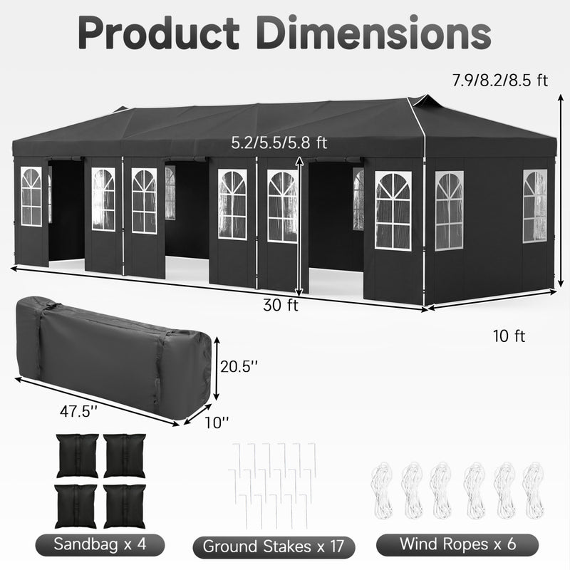 Costway - 10 x 30 FT Pop Up Canopy Tent with 8 Sidewalls and Adjustable Height-Black