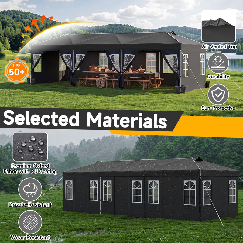 Costway - 10 x 30 FT Pop Up Canopy Tent with 8 Sidewalls and Adjustable Height-Black