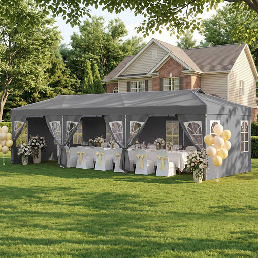 Costway - 10 x 30 FT Pop Up Canopy Tent with 8 Sidewalls and Adjustable Height-Gray