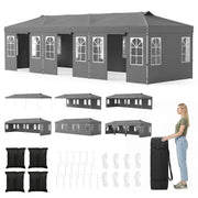 Costway - 10 x 30 FT Pop Up Canopy Tent with 8 Sidewalls and Adjustable Height-Gray