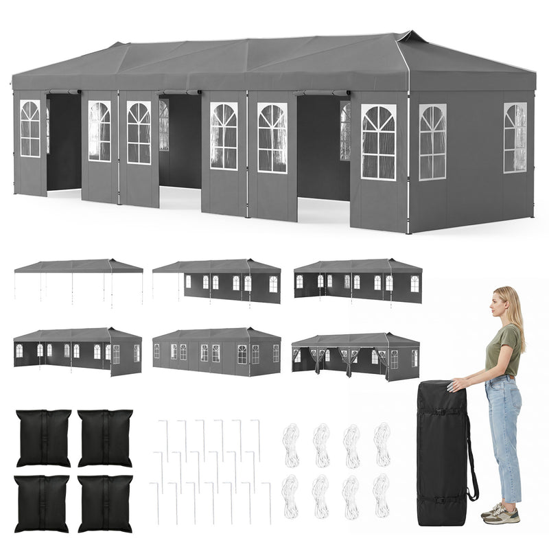 Costway - 10 x 30 FT Pop Up Canopy Tent with 8 Sidewalls and Adjustable Height-Gray
