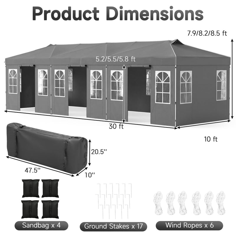 Costway - 10 x 30 FT Pop Up Canopy Tent with 8 Sidewalls and Adjustable Height-Gray
