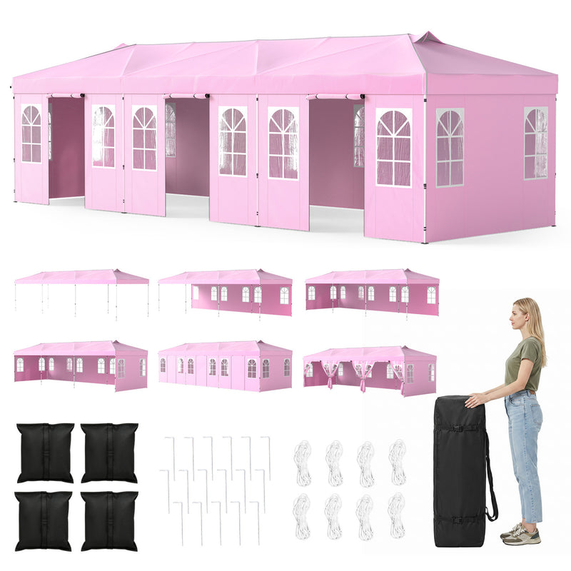 Costway - 10 x 30 FT Pop Up Canopy Tent with 8 Sidewalls and Adjustable Height-Pink