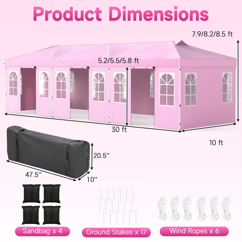 Costway - 10 x 30 FT Pop Up Canopy Tent with 8 Sidewalls and Adjustable Height-Pink