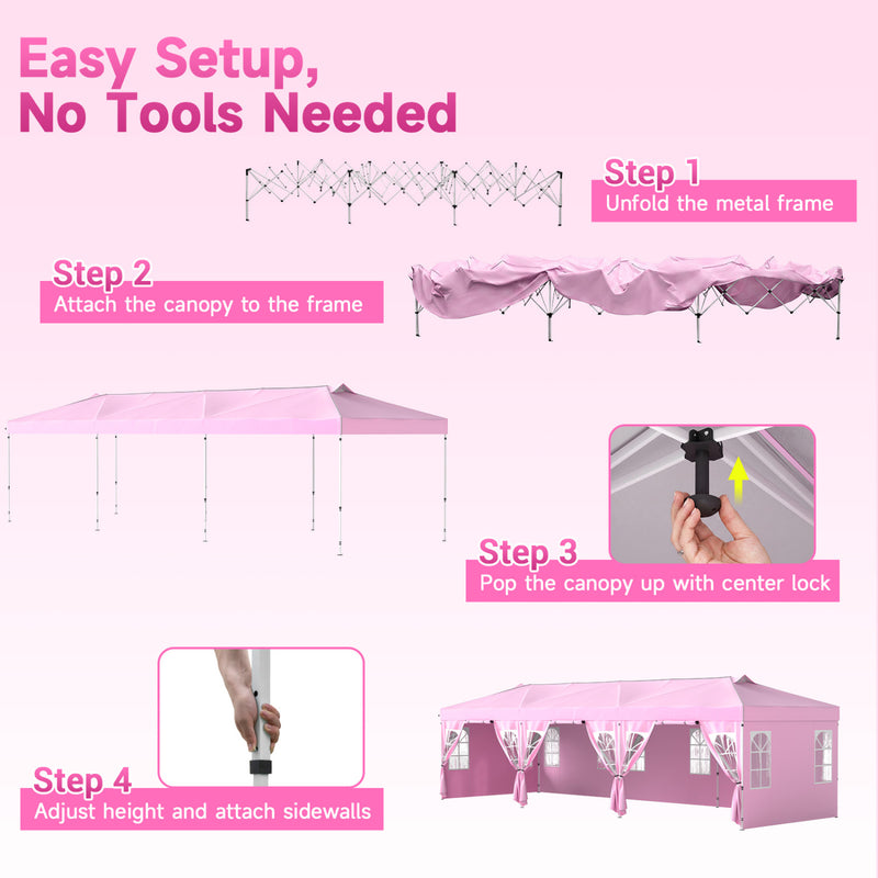 Costway - 10 x 30 FT Pop Up Canopy Tent with 8 Sidewalls and Adjustable Height-Pink