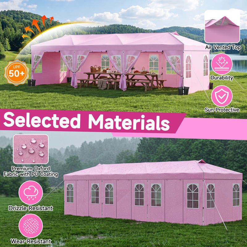 Costway - 10 x 30 FT Pop Up Canopy Tent with 8 Sidewalls and Adjustable Height-Pink