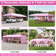 Costway - 10 x 30 FT Pop Up Canopy Tent with 8 Sidewalls and Adjustable Height-Pink