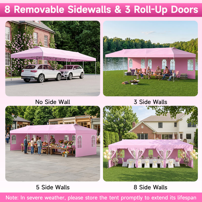 Costway - 10 x 30 FT Pop Up Canopy Tent with 8 Sidewalls and Adjustable Height-Pink