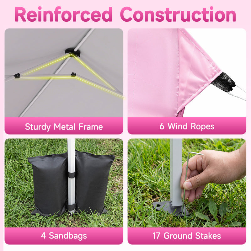 Costway - 10 x 30 FT Pop Up Canopy Tent with 8 Sidewalls and Adjustable Height-Pink