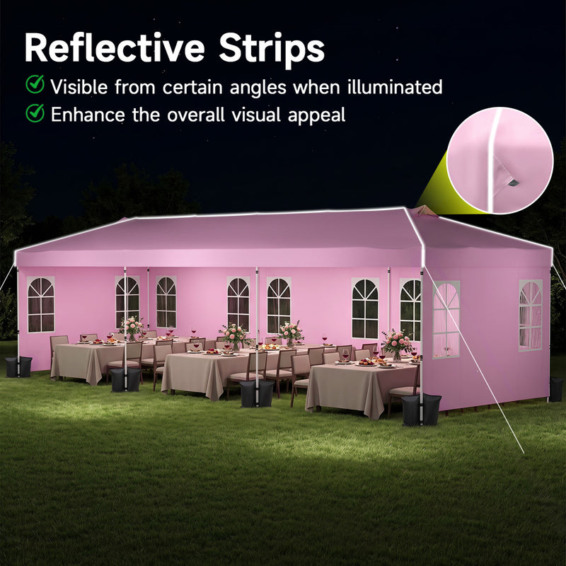 Costway - 10 x 30 FT Pop Up Canopy Tent with 8 Sidewalls and Adjustable Height-Pink