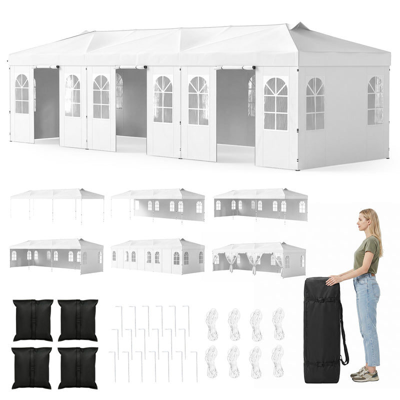 Costway - 10 x 30 FT Pop Up Canopy Tent with 8 Sidewalls and Adjustable Height-White