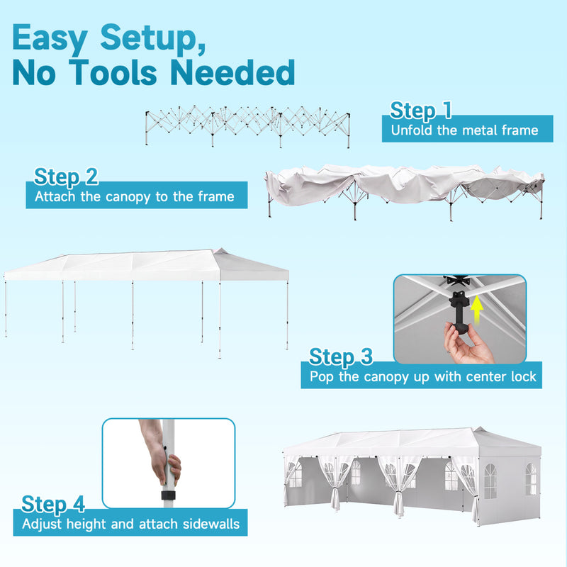 Costway - 10 x 30 FT Pop Up Canopy Tent with 8 Sidewalls and Adjustable Height-White