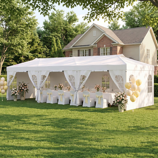 Costway - 10 x 30 FT Pop Up Canopy Tent with 8 Sidewalls and Adjustable Height-White