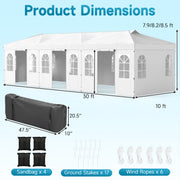 Costway - 10 x 30 FT Pop Up Canopy Tent with 8 Sidewalls and Adjustable Height-White