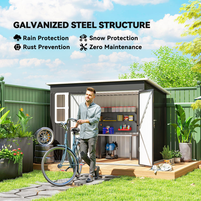 8.5' x 6' Galvanised Steel Outdoor Storage Shed, Garden Shed with Window, Lockable Wide Doors and Air Vents, Dark Grey
