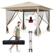 Costway - 11.5 x 11.5 FT Pop-up Canopy Instant One-Person Setup with Mesh Screen Netting-Beige