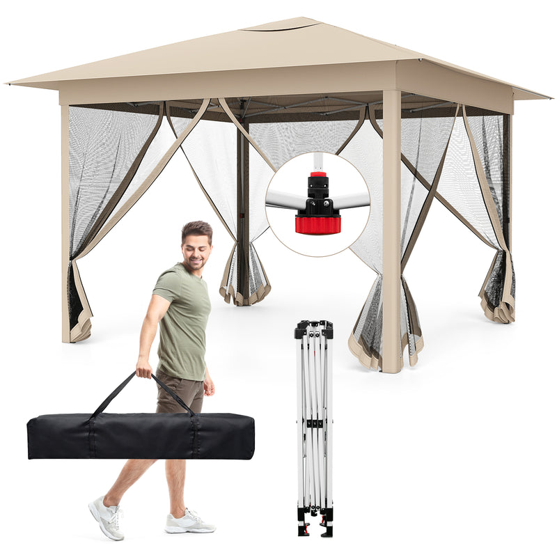 Costway - 11.5 x 11.5 FT Pop-up Canopy Instant One-Person Setup with Mesh Screen Netting-Beige