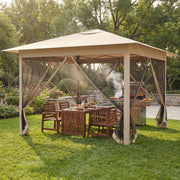 Costway - 11.5 x 11.5 FT Pop-up Canopy Instant One-Person Setup with Mesh Screen Netting-Beige