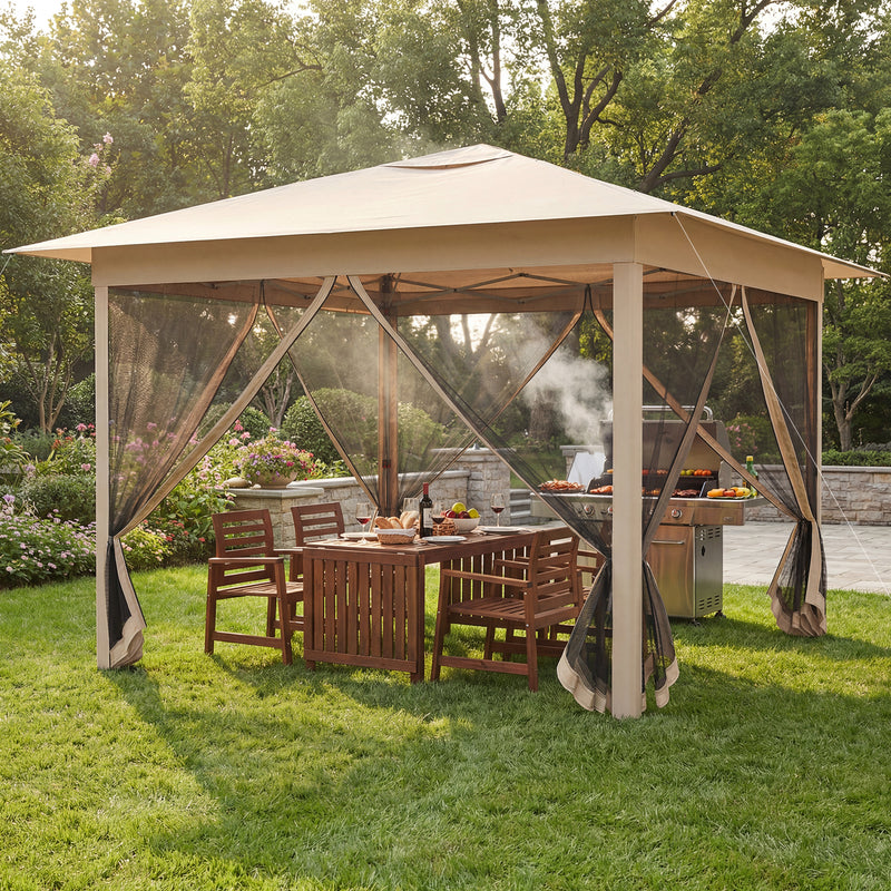 Costway - 11.5 x 11.5 FT Pop-up Canopy Instant One-Person Setup with Mesh Screen Netting-Beige
