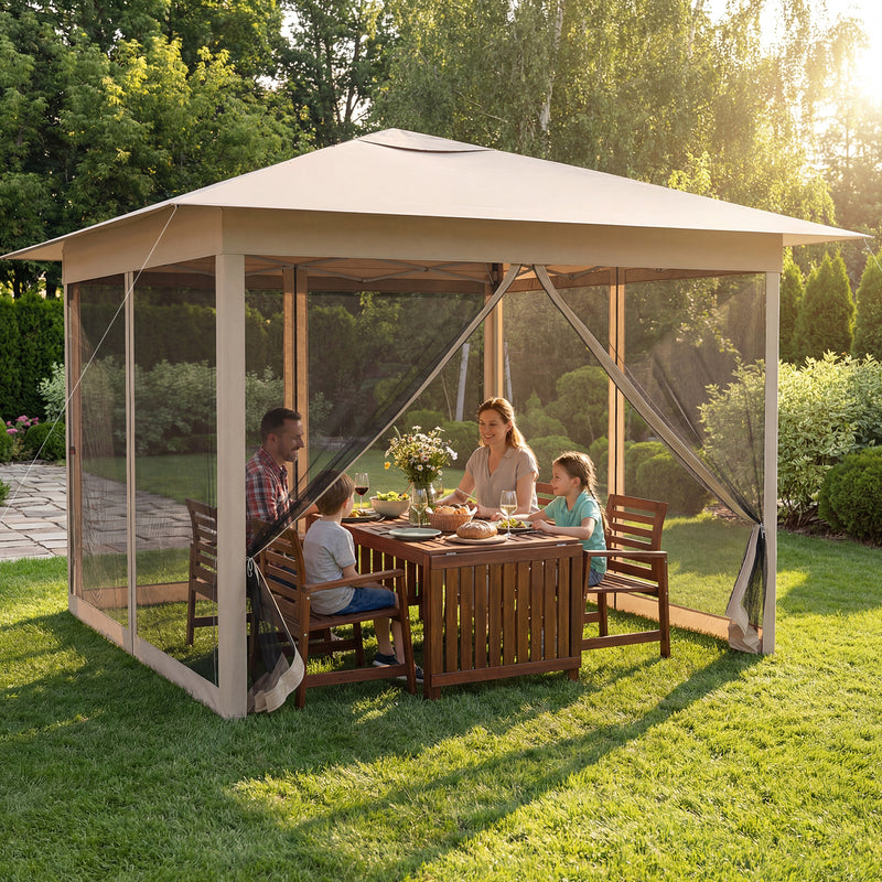 Costway - 11.5 x 11.5 FT Pop-up Canopy Instant One-Person Setup with Mesh Screen Netting-Beige