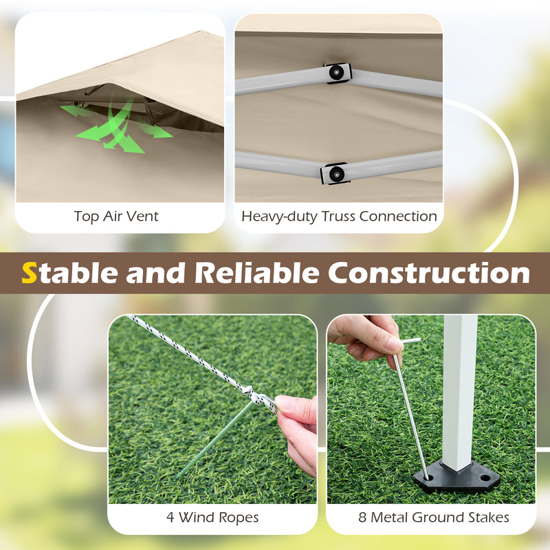 Costway - 11.5 x 11.5 FT Pop-up Canopy Instant One-Person Setup with Mesh Screen Netting-Beige