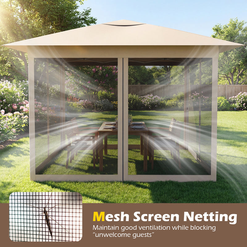 Costway - 11.5 x 11.5 FT Pop-up Canopy Instant One-Person Setup with Mesh Screen Netting-Beige
