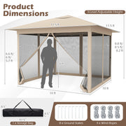 Costway - 11.5 x 11.5 FT Pop-up Canopy Instant One-Person Setup with Mesh Screen Netting-Beige