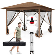 Costway - 11.5 x 11.5 FT Pop-up Canopy Instant One-Person Setup with Mesh Screen Netting-Brown
