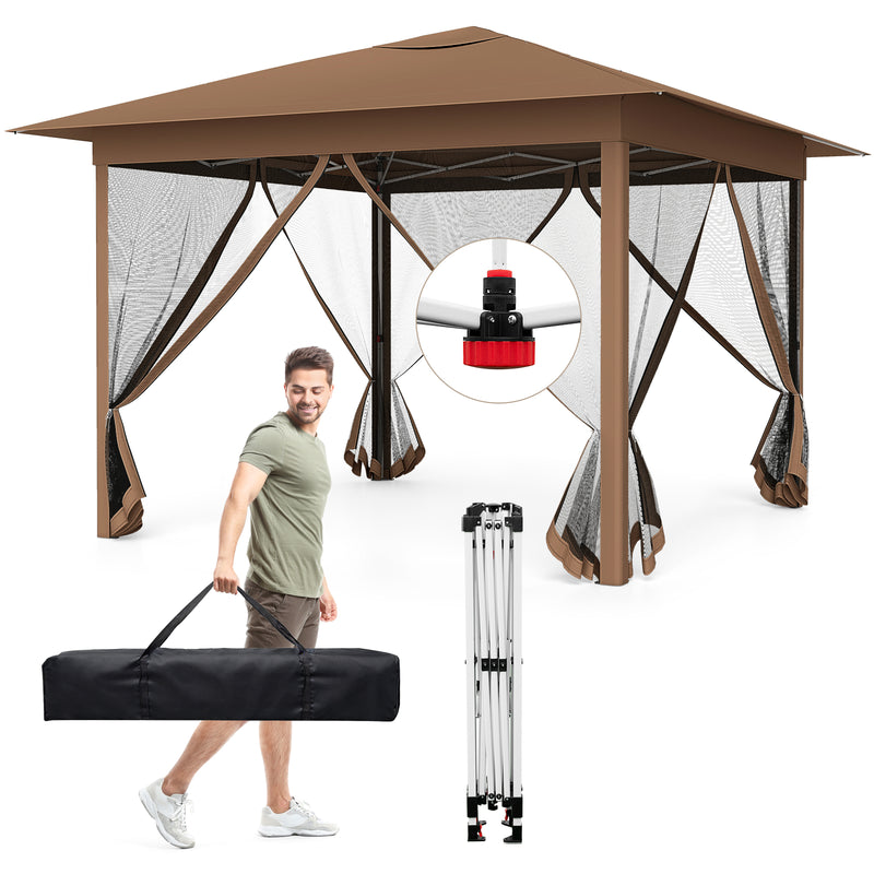 Costway - 11.5 x 11.5 FT Pop-up Canopy Instant One-Person Setup with Mesh Screen Netting-Brown