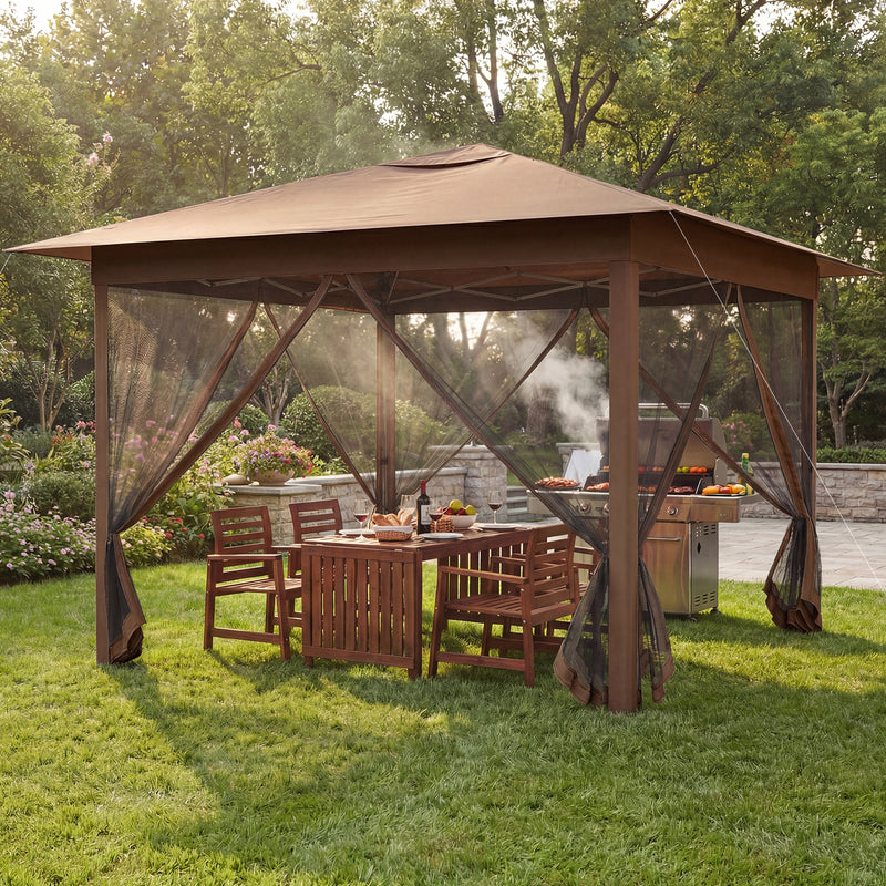 Costway - 11.5 x 11.5 FT Pop-up Canopy Instant One-Person Setup with Mesh Screen Netting-Brown