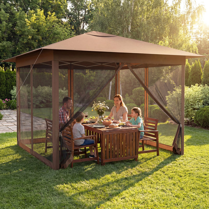 Costway - 11.5 x 11.5 FT Pop-up Canopy Instant One-Person Setup with Mesh Screen Netting-Brown