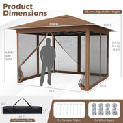 Costway - 11.5 x 11.5 FT Pop-up Canopy Instant One-Person Setup with Mesh Screen Netting-Brown