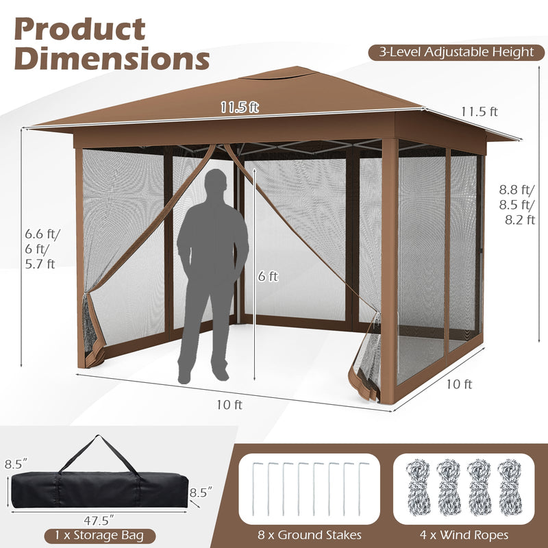 Costway - 11.5 x 11.5 FT Pop-up Canopy Instant One-Person Setup with Mesh Screen Netting-Brown