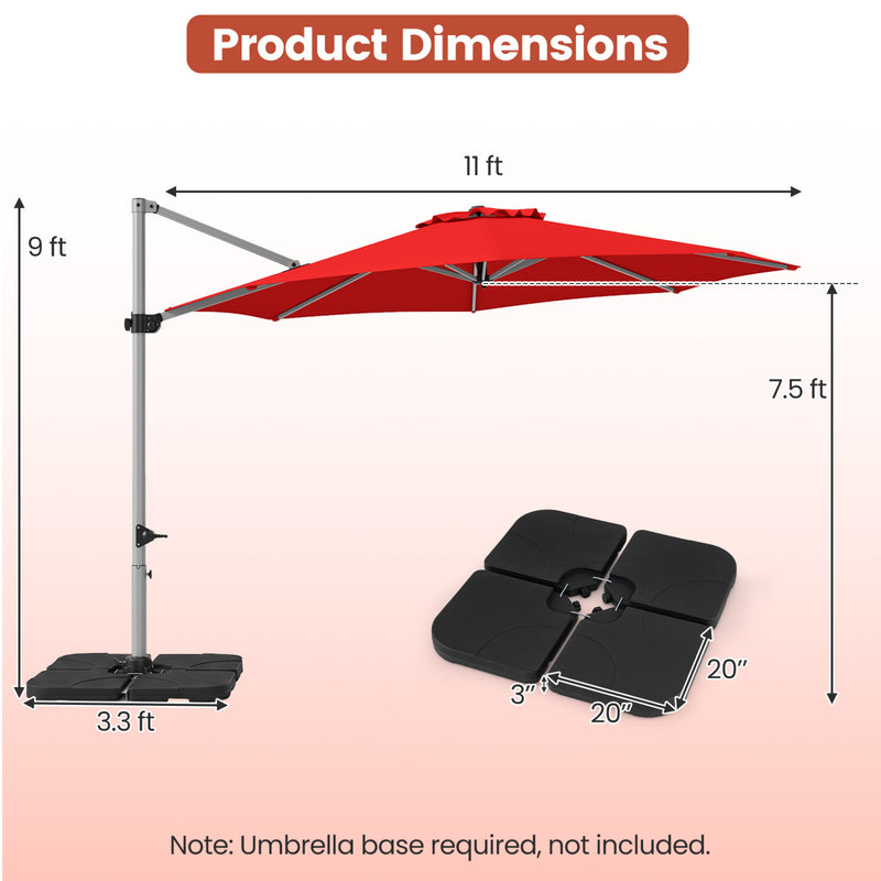 Costway - 11 Feet Patio Offset Cantilever Umbrella 360° Rotation Aluminum Tilt-Red