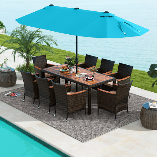 Costway - 11 Pieces Patio Dining Set 15ft Double-Sided Patio Umbrella (Base Included) and Outdoor Rattan Furniture Set with 8 Stackable Chairs-Turquoise
