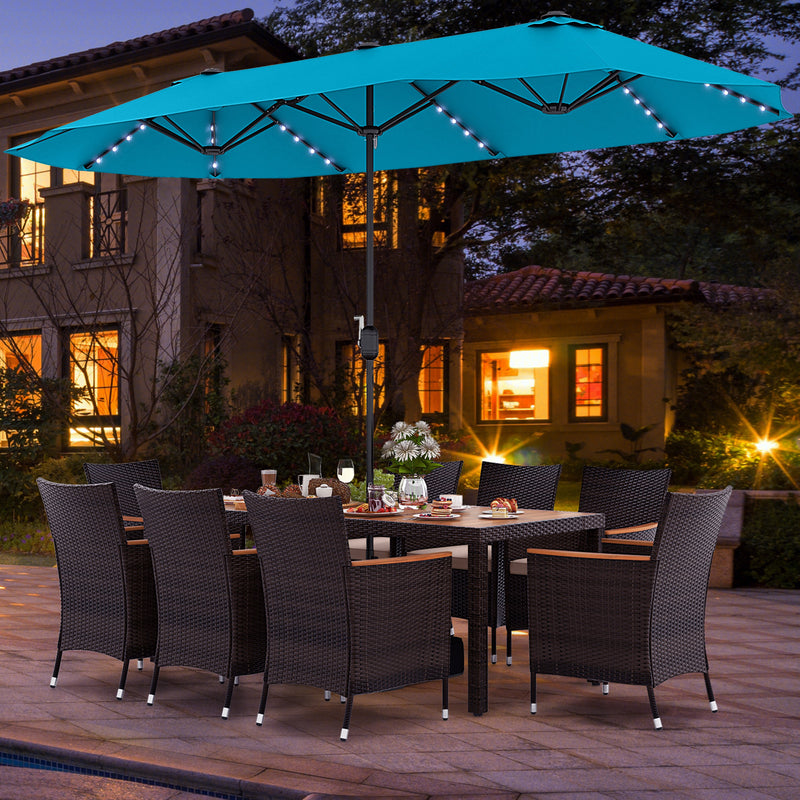 Costway - 11 Pieces Patio Dining Set 15ft Double-Sided Patio Umbrella (Base Included) and Outdoor Rattan Furniture Set with 8 Stackable Chairs-Turquoise