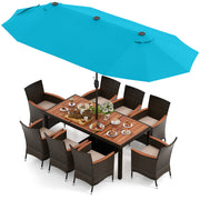 Costway - 11 Pieces Patio Dining Set 15ft Double-Sided Patio Umbrella (Base Included) and Outdoor Rattan Furniture Set with 8 Stackable Chairs-Turquoise