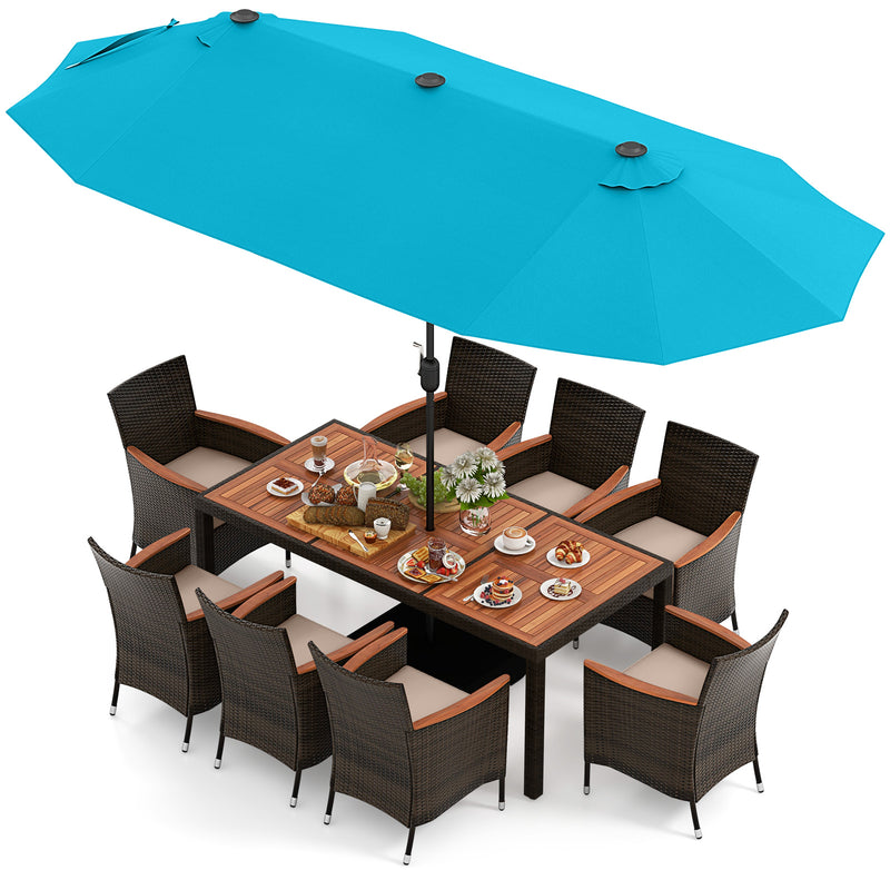 Costway - 11 Pieces Patio Dining Set 15ft Double-Sided Patio Umbrella (Base Included) and Outdoor Rattan Furniture Set with 8 Stackable Chairs-Turquoise