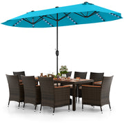 Costway - 11 Pieces Patio Dining Set 15ft Double-Sided Patio Umbrella (Base Included) and Outdoor Rattan Furniture Set with 8 Stackable Chairs-Turquoise