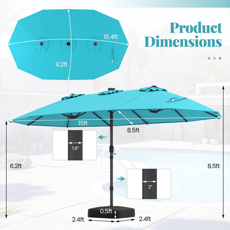 Costway - 11 Pieces Patio Dining Set 15ft Double-Sided Patio Umbrella (Base Included) and Outdoor Rattan Furniture Set with 8 Stackable Chairs-Turquoise
