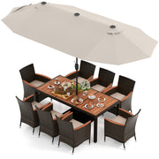 Costway - 11 Pieces Patio Dining Set with 15 Feet Double-Sided Patio Umbrella and Base-Beige