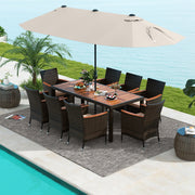 Costway - 11 Pieces Patio Dining Set with 15 Feet Double-Sided Patio Umbrella and Base-Beige