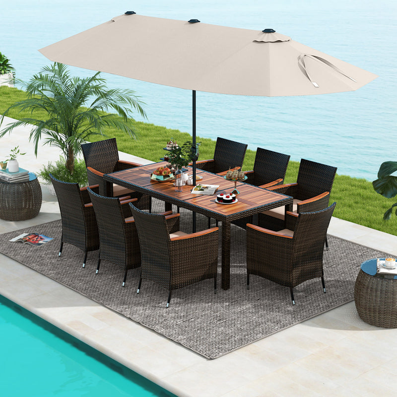 Costway - 11 Pieces Patio Dining Set with 15 Feet Double-Sided Patio Umbrella and Base-Beige