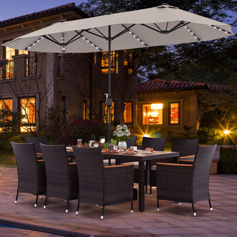 Costway - 11 Pieces Patio Dining Set with 15 Feet Double-Sided Patio Umbrella and Base-Beige