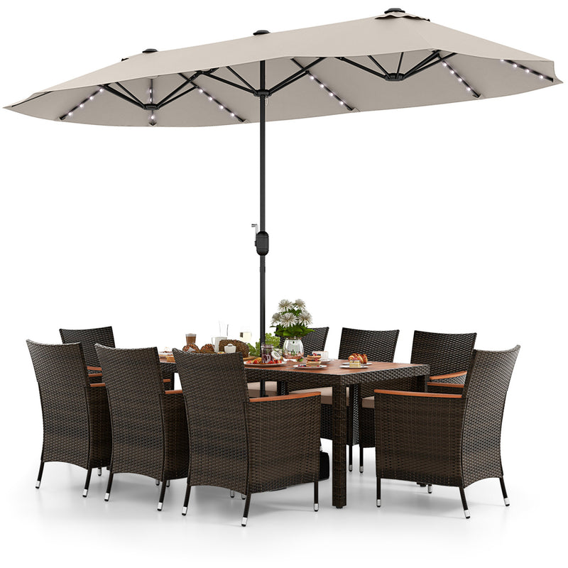 Costway - 11 Pieces Patio Dining Set with 15 Feet Double-Sided Patio Umbrella and Base-Beige