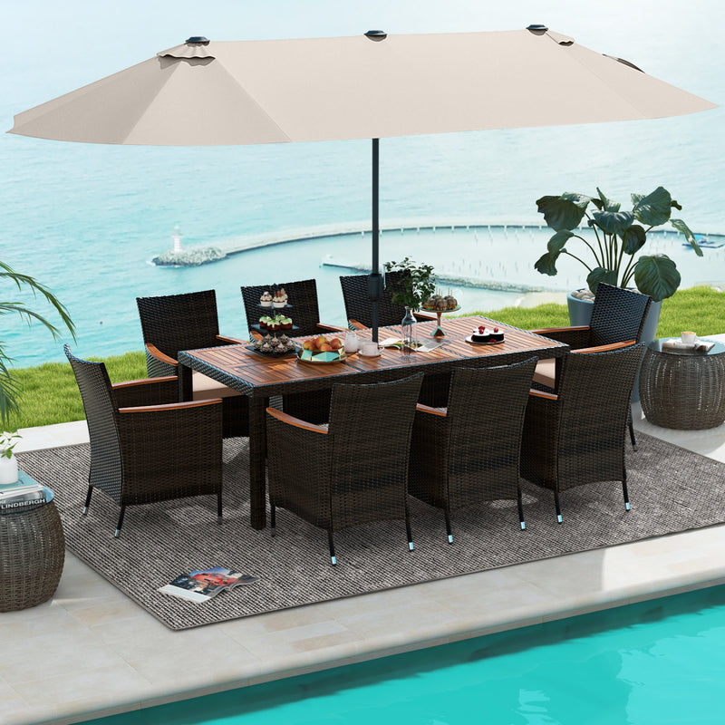 Costway - 11 Pieces Patio Dining Set with 15 Feet Double-Sided Patio Umbrella and Base-Beige