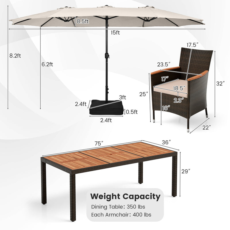 Costway - 11 Pieces Patio Dining Set with 15 Feet Double-Sided Patio Umbrella and Base-Beige