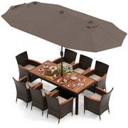 Costway - 11 Pieces Patio Dining Set with 15 Feet Double-Sided Patio Umbrella and Base-Coffee
